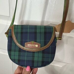 Green and Navy Plaid Crossbody Bag with Leather Trim